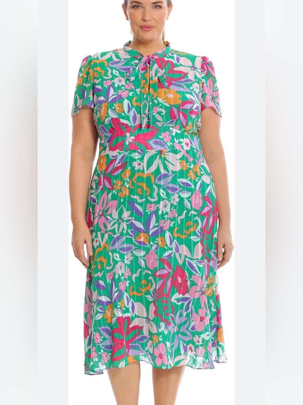 Maggy London Green Floral Tie-Neck Midi Dress
